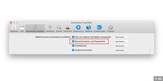 Damit Safari Benutzernamen und Passwörter automatisch ausfüllen kann, muss diese Option in den Einstellungen aktiviert sein.