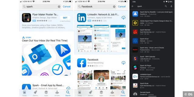 Im App Store (Mitte und links) erscheinen selbst bei der Suche nach großen Apps wie Facebook Anzeigen auf den ersten Plätzen. Das ist beim Play Store nicht der Fall.