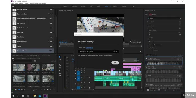 Musik von Adobe Stock Audio lässt sich nun direkt in Premiere Pro suchen, im Videoprojekt integrieren udn erst beim Beenden des Projekts lizenzieren.