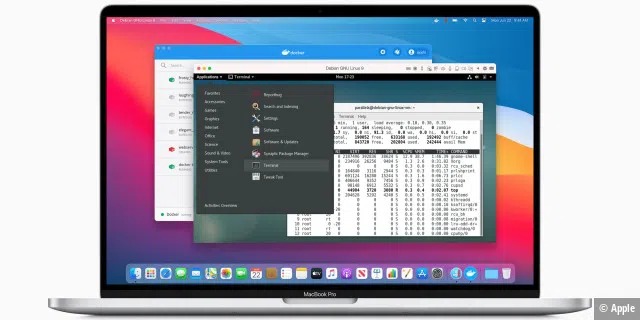Auch Virtualisierungen sollen auf den neuen Apple-Silicon-Macs möglich sein. Apple zeigte beispielsweise eine virtuelle Machine, in der ein Debian-Linux lief.