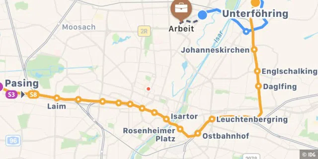 Mit der U-Bahn wäre es kürzer. Und vor iOS 17 haben wir kaum Hoffnung auf Fahrradnavi in Apple Maps
