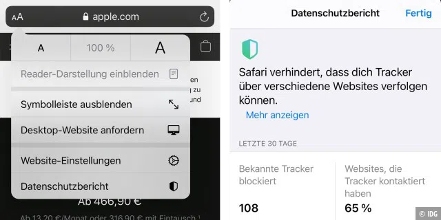 Safari listet Ihnen auf, welche Tracker blockiert werden.