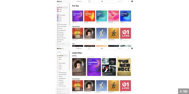 Die aktuelle Apple Music Website (oben) und die neue Apple Music Beta-Website (unten).