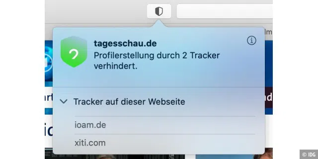 Über das Symbol für den Datenschutz kann man sehen, wie viele Tracker Safari auf einer Webseite blockiert hat.