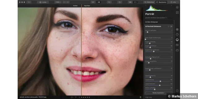 Eine Porträtretusche gelingt mit Luminar dank den beiden Werkzeugen „AI Skin Enhancer“ und dem hier abgebildeten „AI Portrait Enhancer“ nach kurzer Zeit. Aufwändiges Maskieren der Bildbereiche kann man sich sparen. Die Werkzeuge erkennen das Gesicht, so können Sie per Schieberegler gezielt die Änderungen vornehmen. ©Andrea Piacquadio, Pexels
