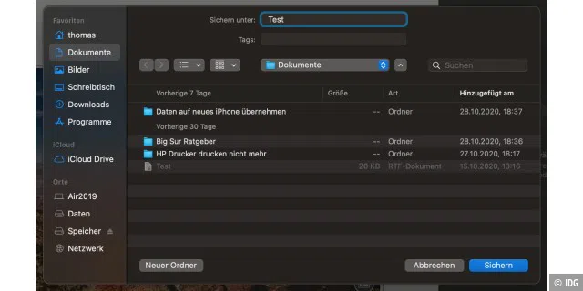 Das Dialogfenster zum Sichern eines Dokuments blendet sich in macOS Big Sur als freischwebendes Fenster ein.