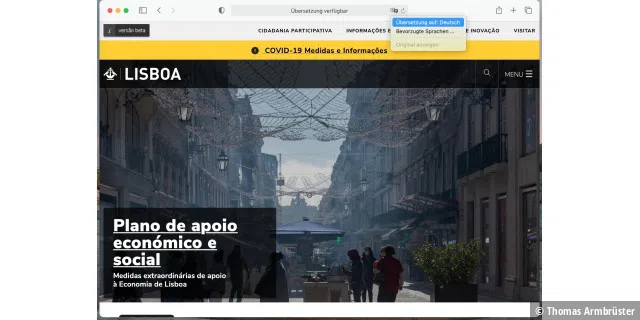 Safari kann unter macOS Big Sur Webseiten in eine andere Sprache übersetzen, wie hier aus dem Portugiesischen ins Deutsche. Auch diese Webseite aus Portugal lässt sich übersetzen, der Unterschied zum brasilianischen Portugiesisch ist nicht sehr groß.