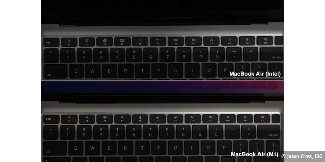 Apple hat die Funktionstastenkürzungen nur ein wenig modifiziert, aber das ist der einzige äußere Unterschied zwischen dem M1 und dem Intel Macbook Air.