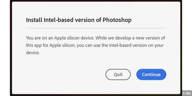 Adobe warnt davor, nicht optimierte Anwendungen herunterzuladen, aber sie funktionieren einwandfrei und laufen genauso gut wie auf dem neuesten Intel-basierten Macbook Air.