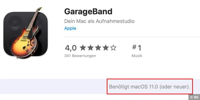 Als Systemvoraussetzung für die aktuelle Version von Garageband wird im App Store macOS 11.0 oder neuer angegeben.