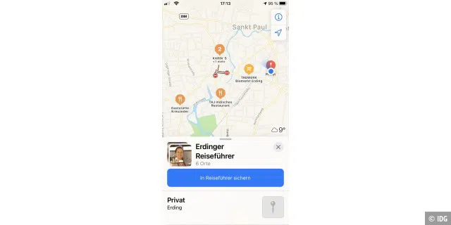 Auf dem iPhone empfangene Reiseführer kann man in Karten einfach per Klick übernehmen.