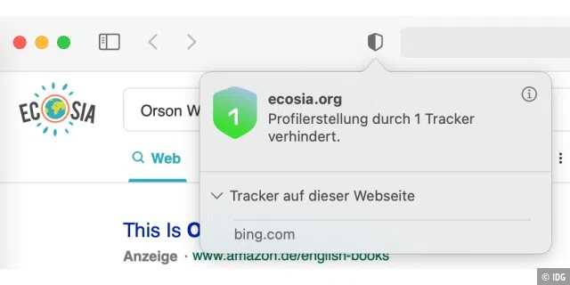Auf der Suchseite von Ecosia findet Apple Datenschutzbericht einen Tracker von Bing.