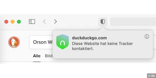 Safaris Datenschutzbericht vermeldet keinerlei Tracker auf der Seite mit den Suchergebnissen von DuckDuckGo.