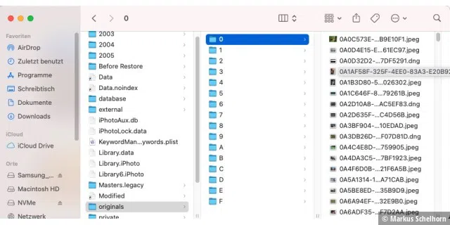 Die Bibliothek von Fotos für macOS besteht aus einer zu einem Paket geschnürten komplexen Dateistruktur, an der man tunlichst nichts ändern sollte. Aber einmal reinschauen schadet ja nichts: Per Rechtsklick auf die Bibliothek können Sie sich den Paketinhalt anzeigen lassen.