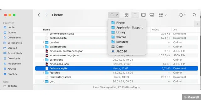 Firefox speichert die Favicons in einer Datenbank. Man löscht sie, um alle gespeicherten Favicons vom Mac zu entfernen.