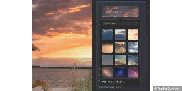 Die Himmelbilder zeigt Luminar AI als kleines Vorschaubild an. Sechs neue kostenlose Himmel wurden hinzugefügt. Zudem kann man weitere kaufen beziehungsweise eigene Himmelbilder verwenden.