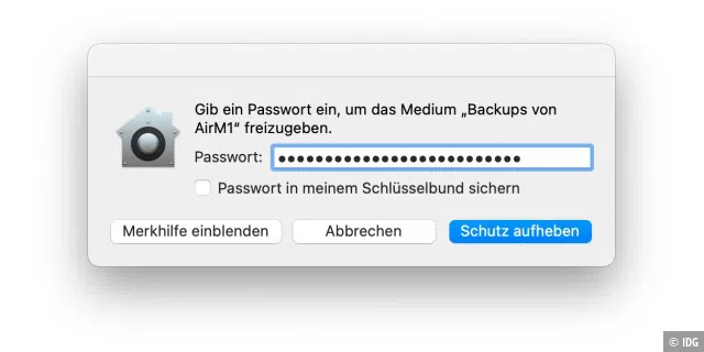 Um auf das Backup-Medium zuzugreifen, muss man das Passwort eintippen.