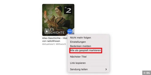 Mit iOS 14.6 und macOS 11.4 erhält die Podcasts-App eine neue Option, um alle Folgen einer Sendung als gespielt zu markieren.