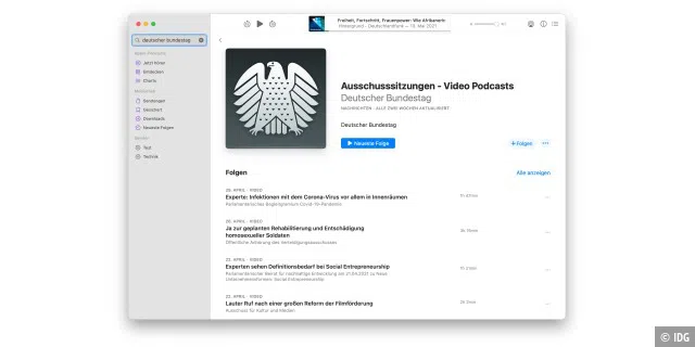 Es gibt nicht nur Audio-Podcasts, sondern auch einige Video-Sendungen, wie beispielsweise aus dem Bundestag.
