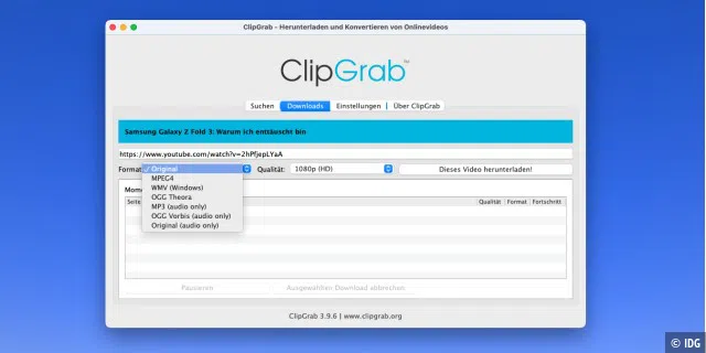 ClipGrab bietet einige Download-Möglichkeiten.
