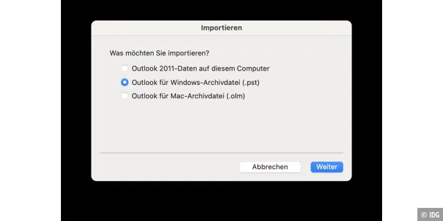 Outlook für Mac kann PST-Dateien nach MBox konvertieren.