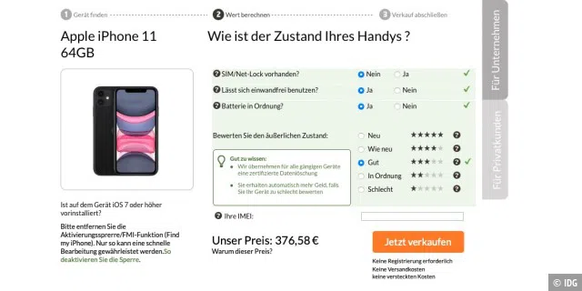 Für das iPhone 11 gibt es bei einem Ankaufdiensten hier noch 377 Euro.
