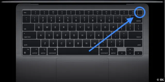 Magic Keyboard des Macbooks Air 2020. Der Einschaltknopf ist oben rechts.