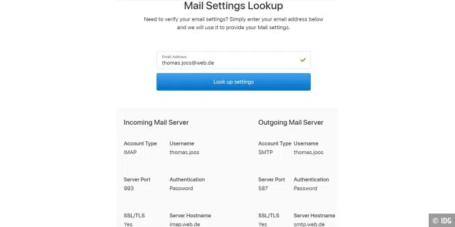 Über den Apple-Online-Dienst „Mail Settings Lookup“ können Sie die Konfiguration für Apple Mail online abrufen.