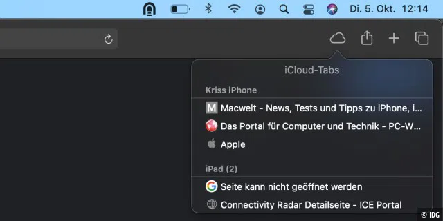 Unter macOS können Sie Safari auch einen Button für Cloud-Tabs hinzufügen.