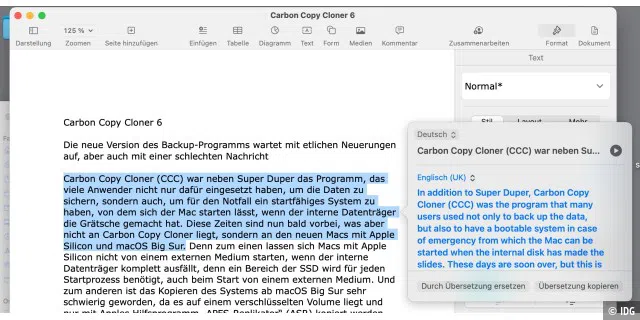 In macOS Monterey lassen sich Texte auch offline übersetzen, wenn man die Sprachdateien auf den Mac geladen hat.
