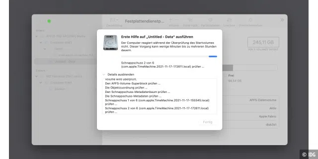Mit dem Festplattendienstprogramm lässt sich das Startvolume prüfen, der Mac wird dazu vorübergehend eingefroren.