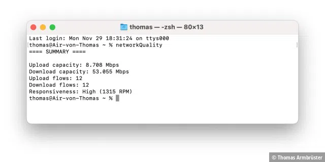 Mit einem Befehl im Terminal kann man unter macOS Monterey die Geschwindigkeit und die Qualität des Netzwerkzugangs messen.