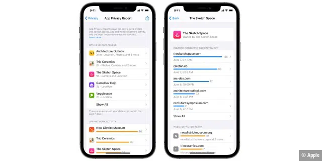 Der App-Datenschutzbericht in iOS 15 bietet einen detaillierten Überblick darüber, wie Apps deine Daten und Sensoren nutzen.