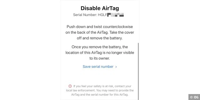 Ein gefundener Airtag zeigt seine Seriennummer über die NFC-Verbindung an, und Apple gibt Anweisungen, wie man ihn deaktivieren kann.