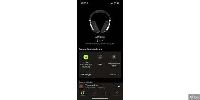 Die Shure Play App ist übersichtlich und bietet praktischerweise direkt auf dem Homescreen die Einstellungen für die aktive Geräuschunterdrückung.