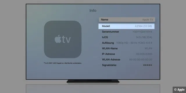 In den Apple TV Einstellungen finden Sie die Modellnummer Ihres Geräts.