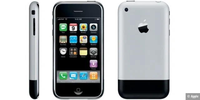 Nach Monaten der Gerüchte und Spekulationen enthüllt Steve Jobs Anfang 2007 das erste iPhone. Das Smartphone bietet wahlweise 4 oder 8 GB Speicher, ein 3,5-Zoll-Multitouch-Display und eine 2-Megapixel-Kamera.