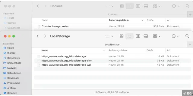 Ecosia legt anders als die anderen Suchseiten standardmäßig Cookies sowie Daten unter „LocalStorage“ von Safari ab.