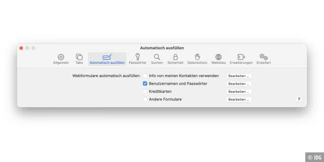 Damit Safari auf dem Mac die Anmeldedaten einfügen kann, aktiviert man dies in den Einstellungen unter „Automatisch ausfüllen“.