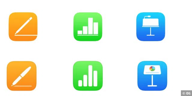 Die alten (obere Reihe) und die neuen Logos für die iOS-Versionen von Pages, Numbers und Keynote (von links)