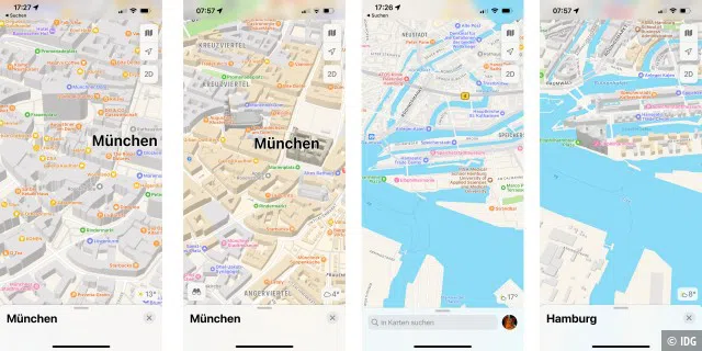 Alte und neue Ansicht von München und Hamburg (von links nach rechts)