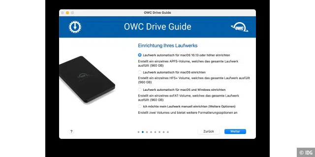 Der OWC Drive Guide führt den unerfahrenen Nutzer durch die Einrichtung des Laufwerks. Die Fragen sind leicht verständlich und bieten eine große Hilfe.
