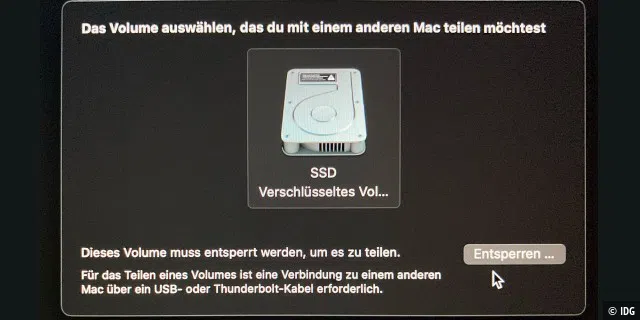 Anstelle des Festplattenmodus lässt sich auf einem M1-Mac ein Volume mit einem anderen Mac über ein USB-C-Kabel teilen.