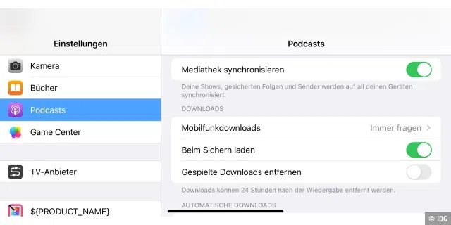 Podcast-Apps bieten oft eine Option, um Downloads per Mobilfunk zu sperren, aber Streams zu erlauben.