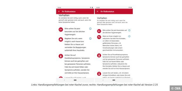 Links: Handlungsempfehlungen bei roter Kachel zuvor, rechts: Handlungsempfehlungen bei roter Kachel ab Version 2.25.