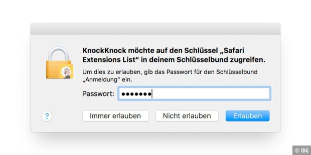 Damit auch das Basis-System durchsucht werden kann, braucht KnockKnock das Administrator-Passwort