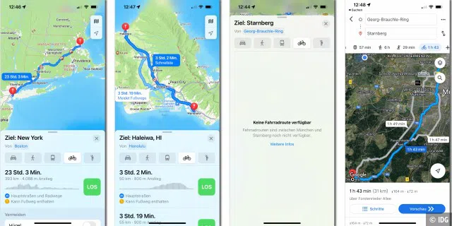 Radeln von Boston nach New York oder auf Oahu mit Apple Maps. Wollen wir vom Büro an den Starnberger See, müssen wir zu Google Maps greifen.