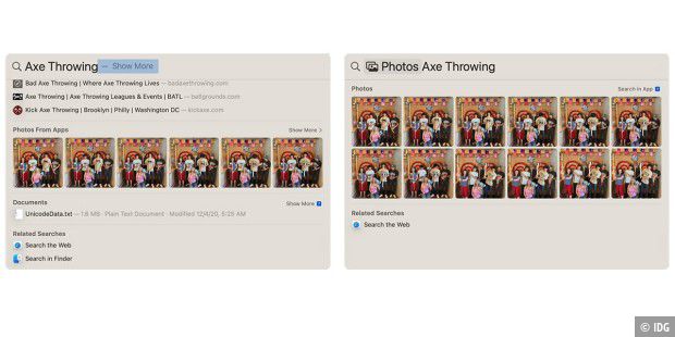Links ist die erste Suche nach Schlüsselwörtern in den Metadaten zu sehen. Rechts sind die Ergebnisse nach einem Klick auf "Mehr anzeigen" zu sehen. Spotlight zeigt, dass die Bilder aus der Fotos-App stammen.
