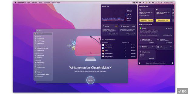 CleanMyMac X 4.11.2 besitzt ein hervorragendes Untermenü in der Menüleiste, mit der Sie auf einen Blick die Kapazität, den Zustand und die Betriebstemperatur Ihres Mac-Speichers überprüfen können.
